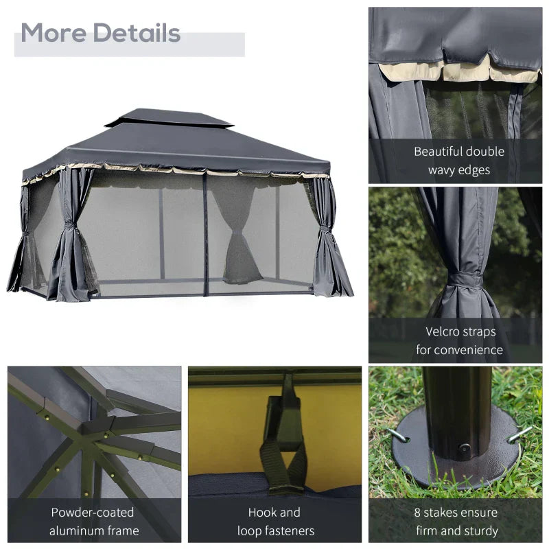 Black 3m x 4m Aluminium Gazebo – Outdoor Garden Pavilion with Double Tier Roof, Curtains and Insect Netting