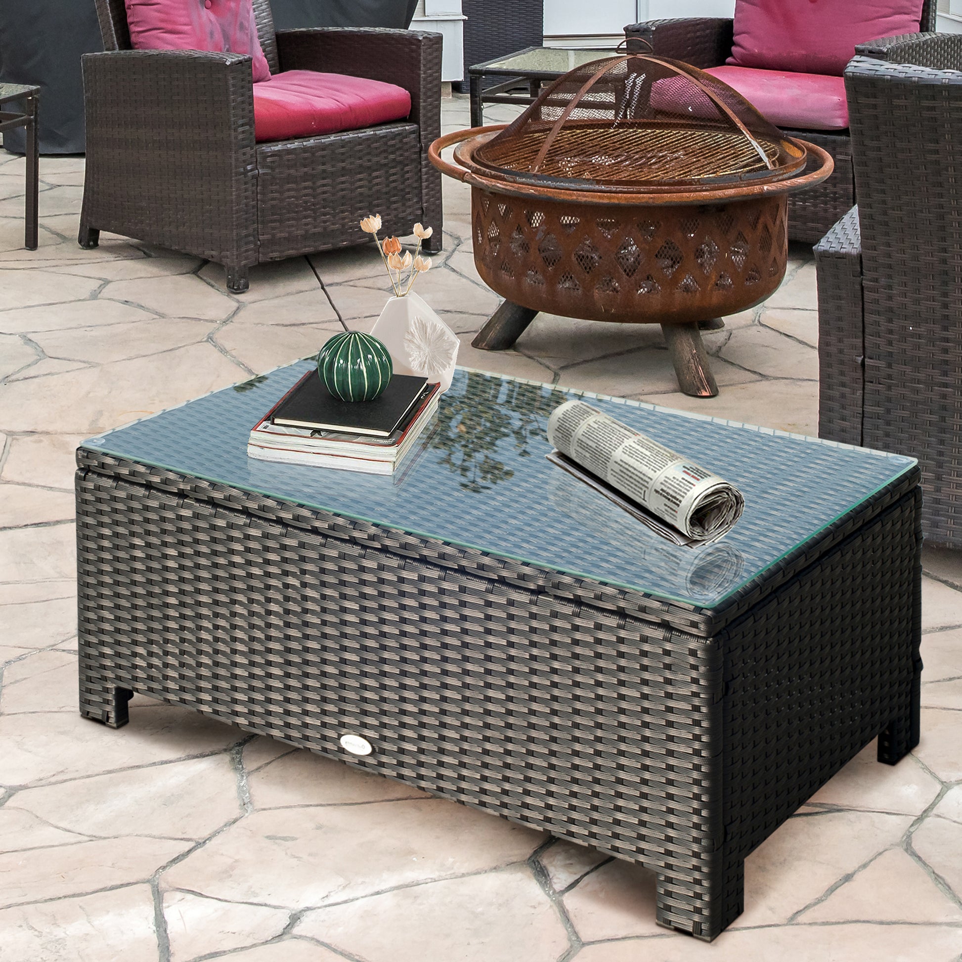 Marbella PE Rattan Coffee Table, Rectangular Outdoor Coffee Table with Tempered Glass Top