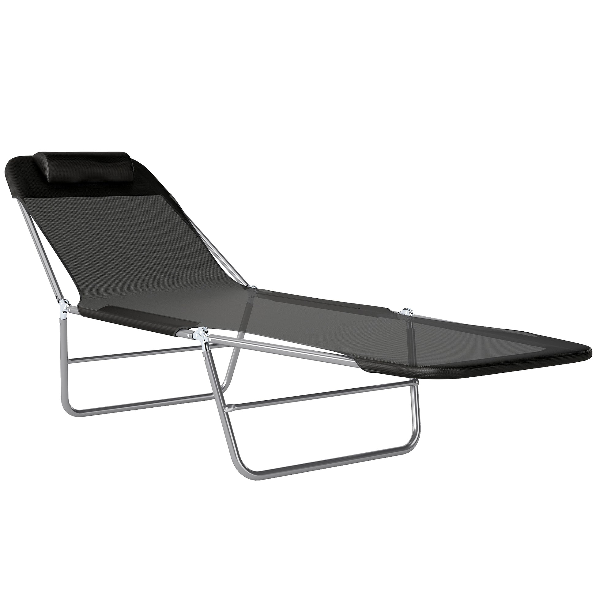 Outsunny Folding Sun Lounger, Texteline Reclining Sun Bed with 5 Position Adjustable Backrest, Headrest, Black