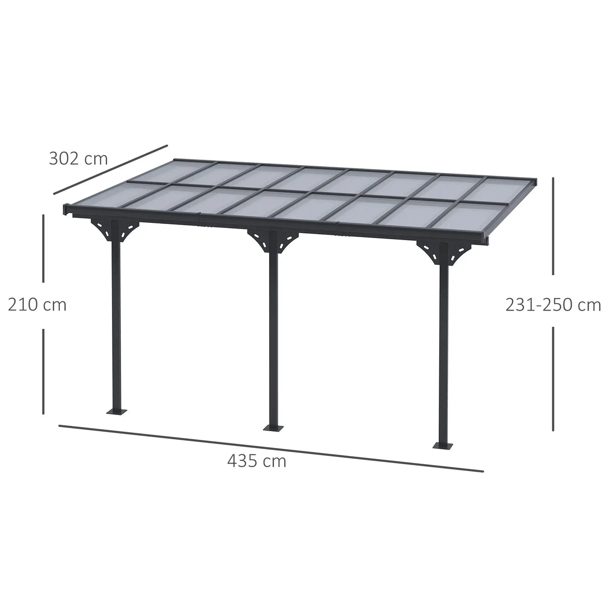 4.35m x 3m Wall Mounted Pergola – Aluminium Frame & Polycarbonate Roof – Grey Patio Cover