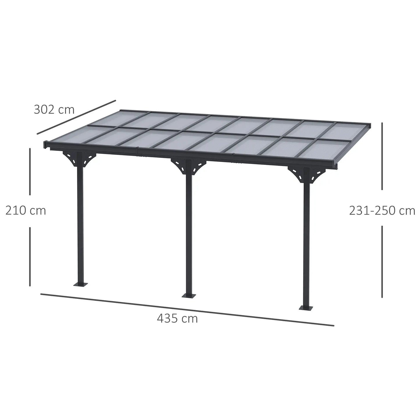 4.35m x 3m Wall Mounted Pergola – Aluminium Frame & Polycarbonate Roof – Grey Patio Cover