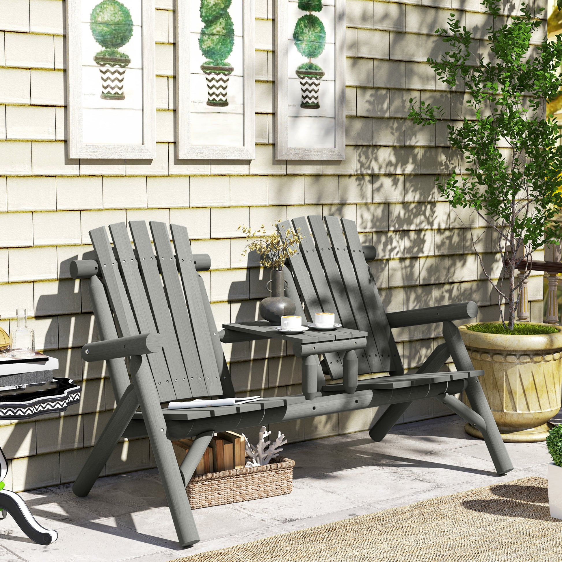 Outsunny Wood Patio Chair Bench 2 Seats w/ Centre Coffee Table, Garden Bench, Grey