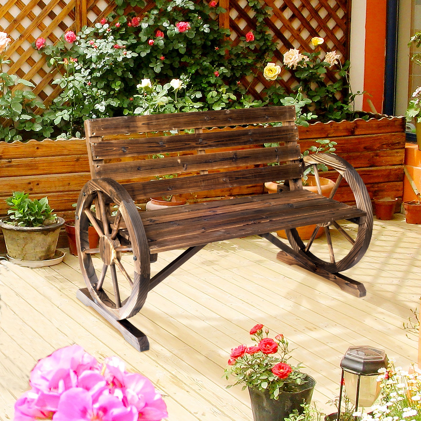 Ibiza 2 Seater Garden Bench with Wooden Cart Wagon Wheel Rustic High Back Brown
