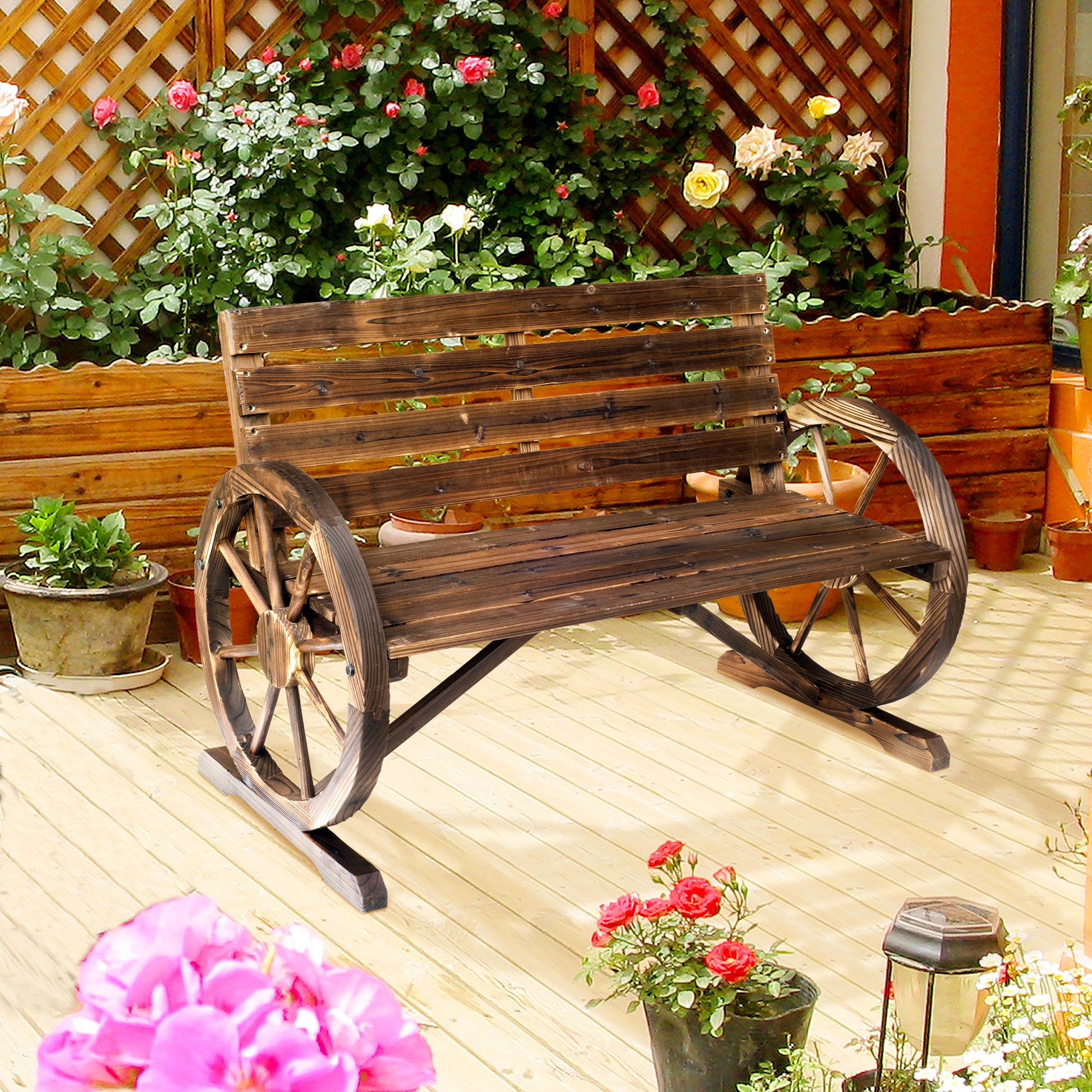 Ibiza 2 Seater Garden Bench with Wooden Cart Wagon Wheel Rustic High Back Brown