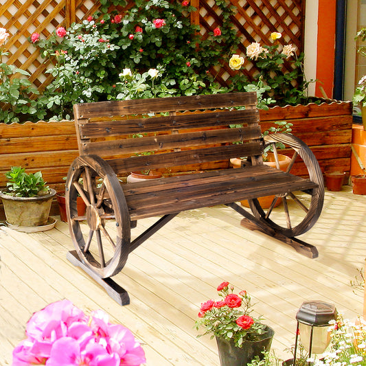 Ibiza 2 Seater Garden Bench with Wooden Cart Wagon Wheel Rustic High Back Brown
