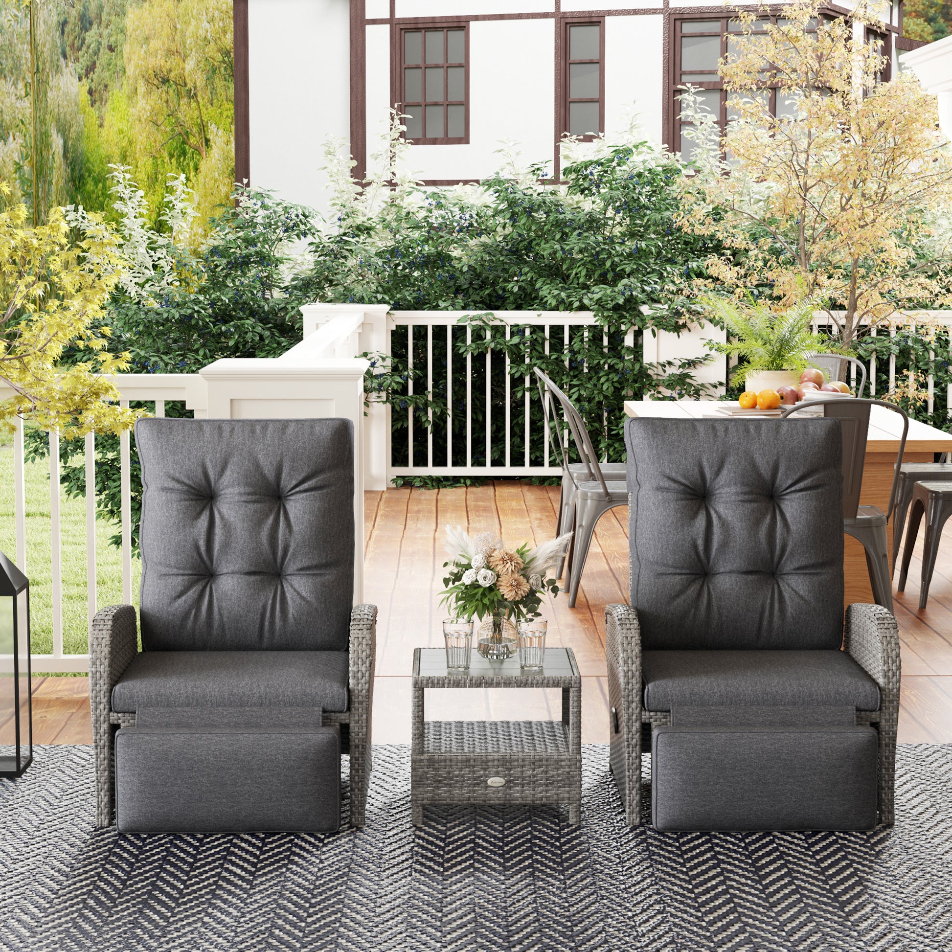 Outsunny 2 Seater Patio Rattan Wicker No Installation Chaise Lounge Sofa Set w/ Cushion for Patio Garden Porch, Grey