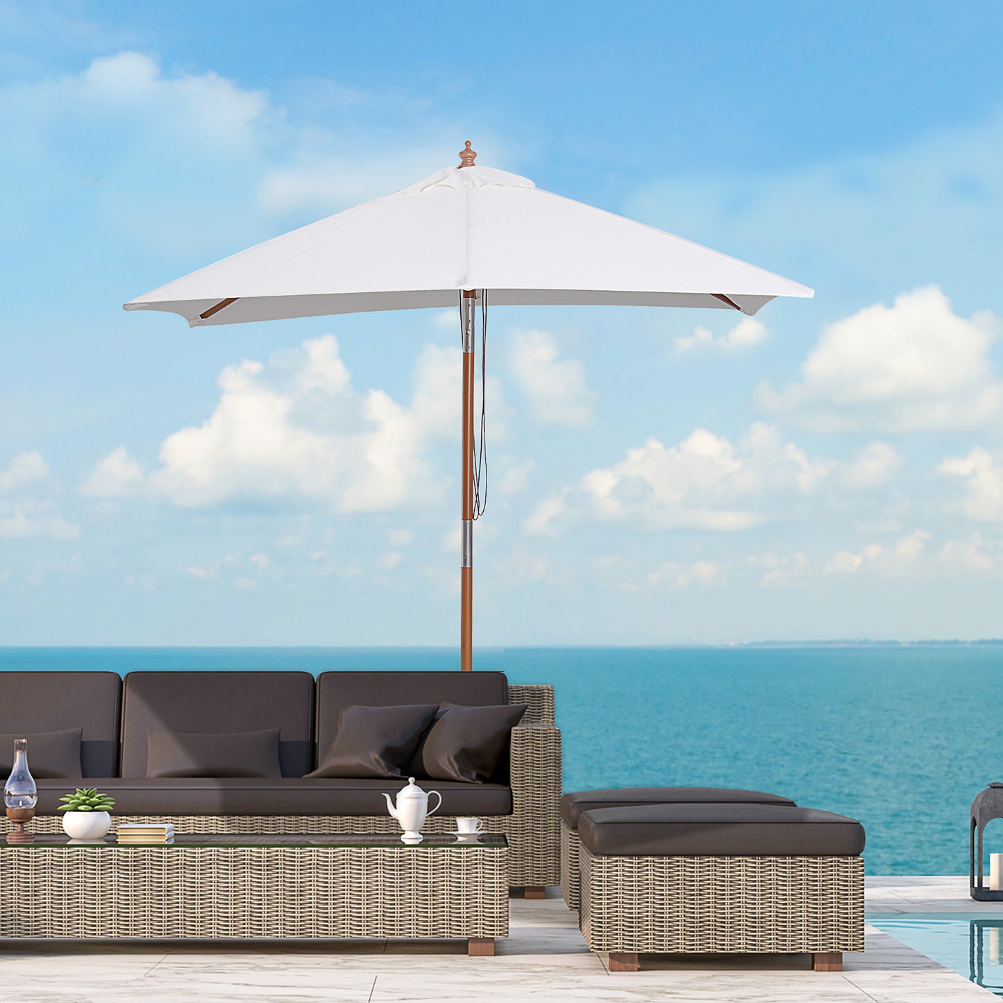 2m x 1.5m Garden Parasol Umbrella with Tilting Sunshade Canopy, Outdoor Market Table Umbrella with Wood and Bamboo Frame, Cream White