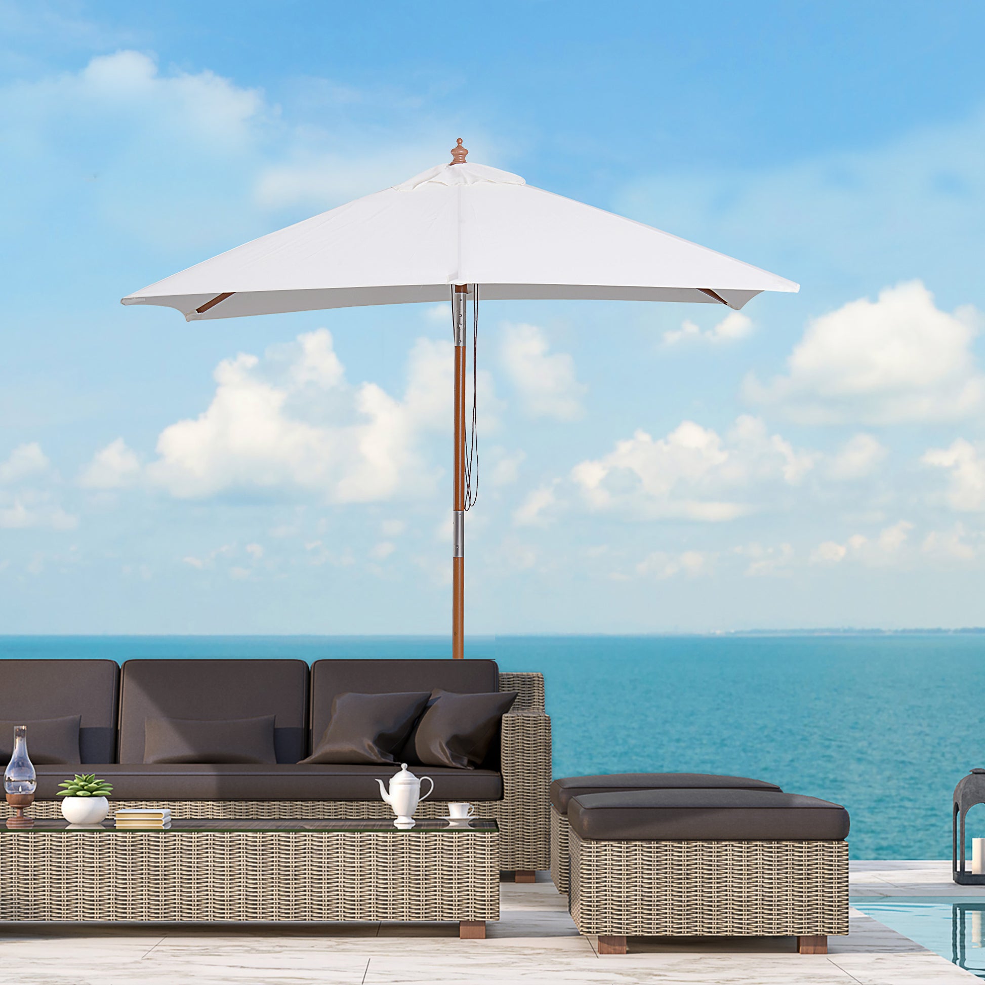 2m x 1.5m Garden Parasol Umbrella with Tilting Sunshade Canopy, Outdoor Market Table Umbrella with Wood and Bamboo Frame, Cream White