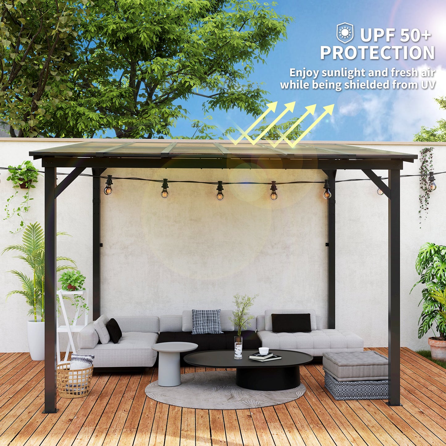 Outsunny 3 x 3 m Lean to Pergola with UPF 50+ Waterproof Polycarbonate Roof, Wall-Mounted or Free Standing Hardtop Roof Garden Metal Pergola Gazebo, Heavy Duty Outdoor Sun Shade, Dark Grey