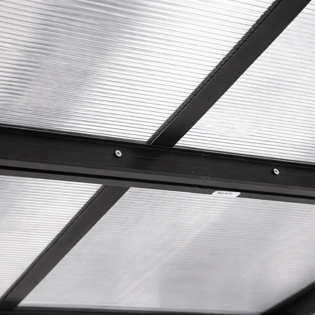 4.35m x 3m Wall Mounted Pergola – Aluminium Frame & Polycarbonate Roof – Grey Patio Cover