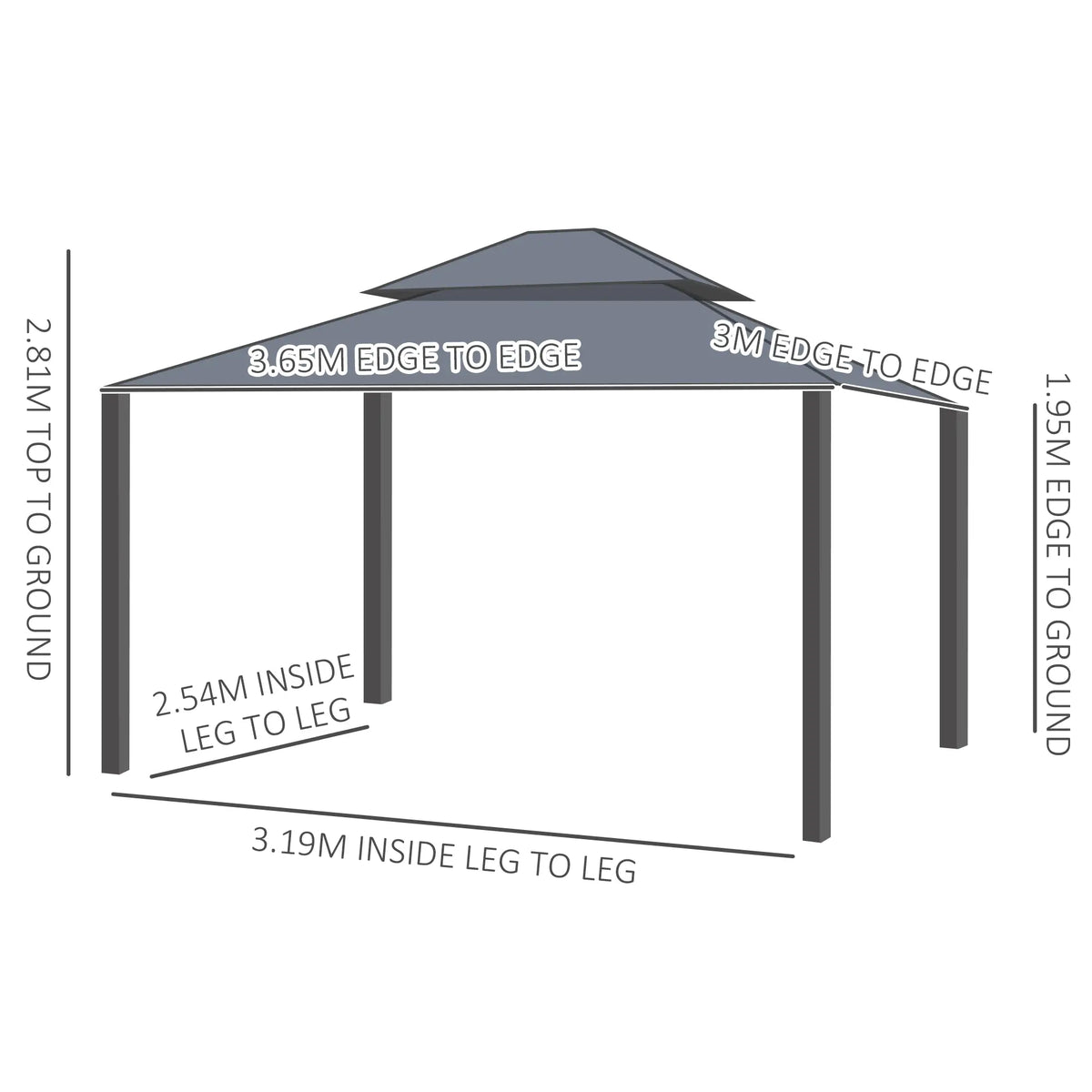 3.65m x 3m Dark Grey Aluminium Hardtop Garden Gazebo – Galvanised Steel Roof Pavilion with Double – Tier Ventilation, Curtains & Insect Netting
