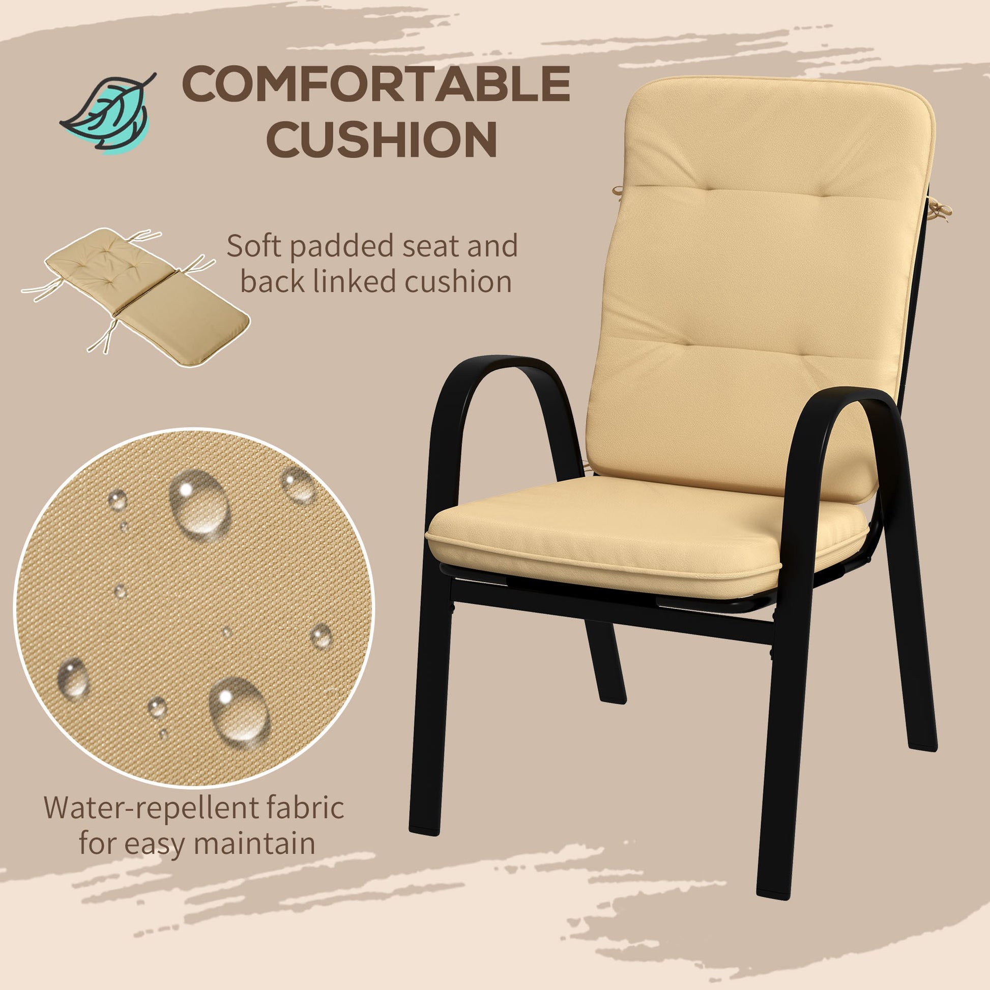 Outsunny 5 Pieces Outdoor Square Garden Dining Set for Small Garden with Tempered Glass Dining Table 4 Cushioned Armchairs, Umbrella Hole, Beige