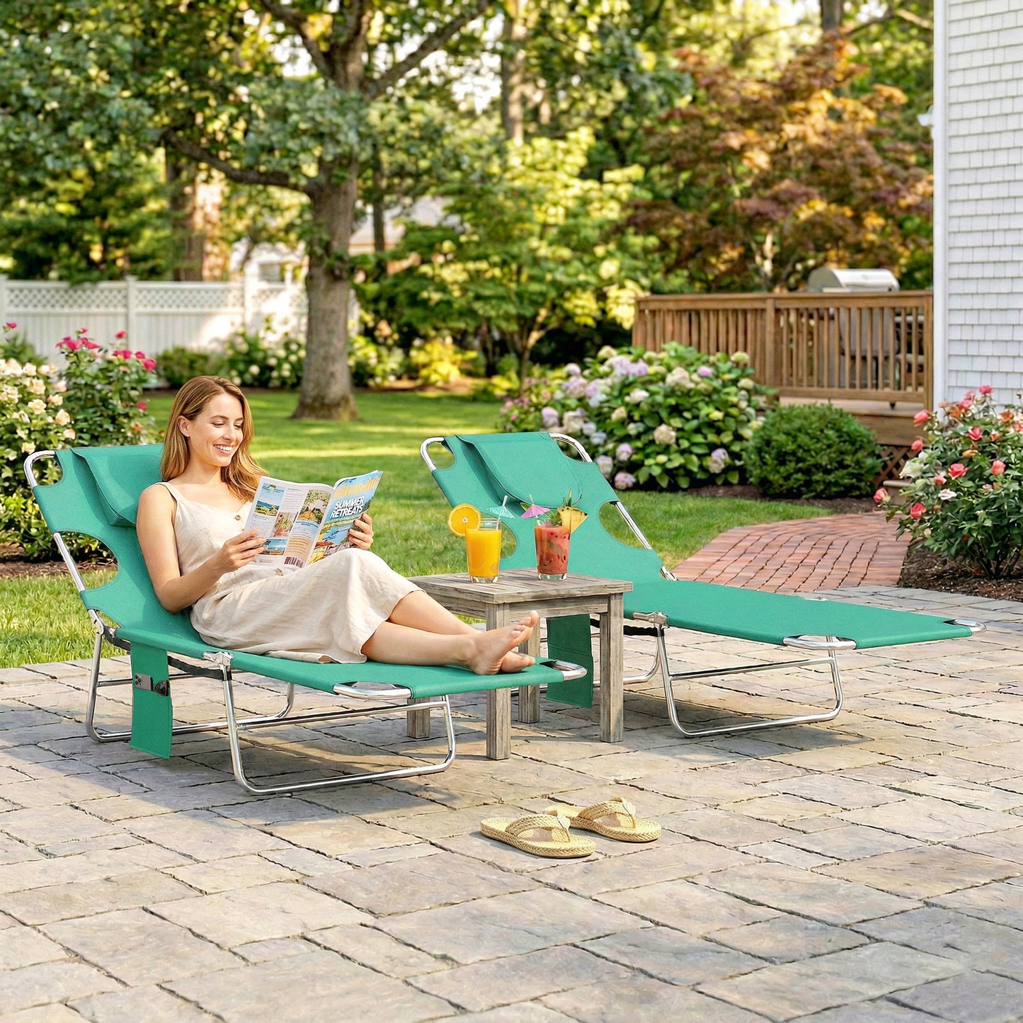 Amalfi 5-Position Adjustable Sun Loungers Set of 2 with Reading Hole and Side Pocket, Green
