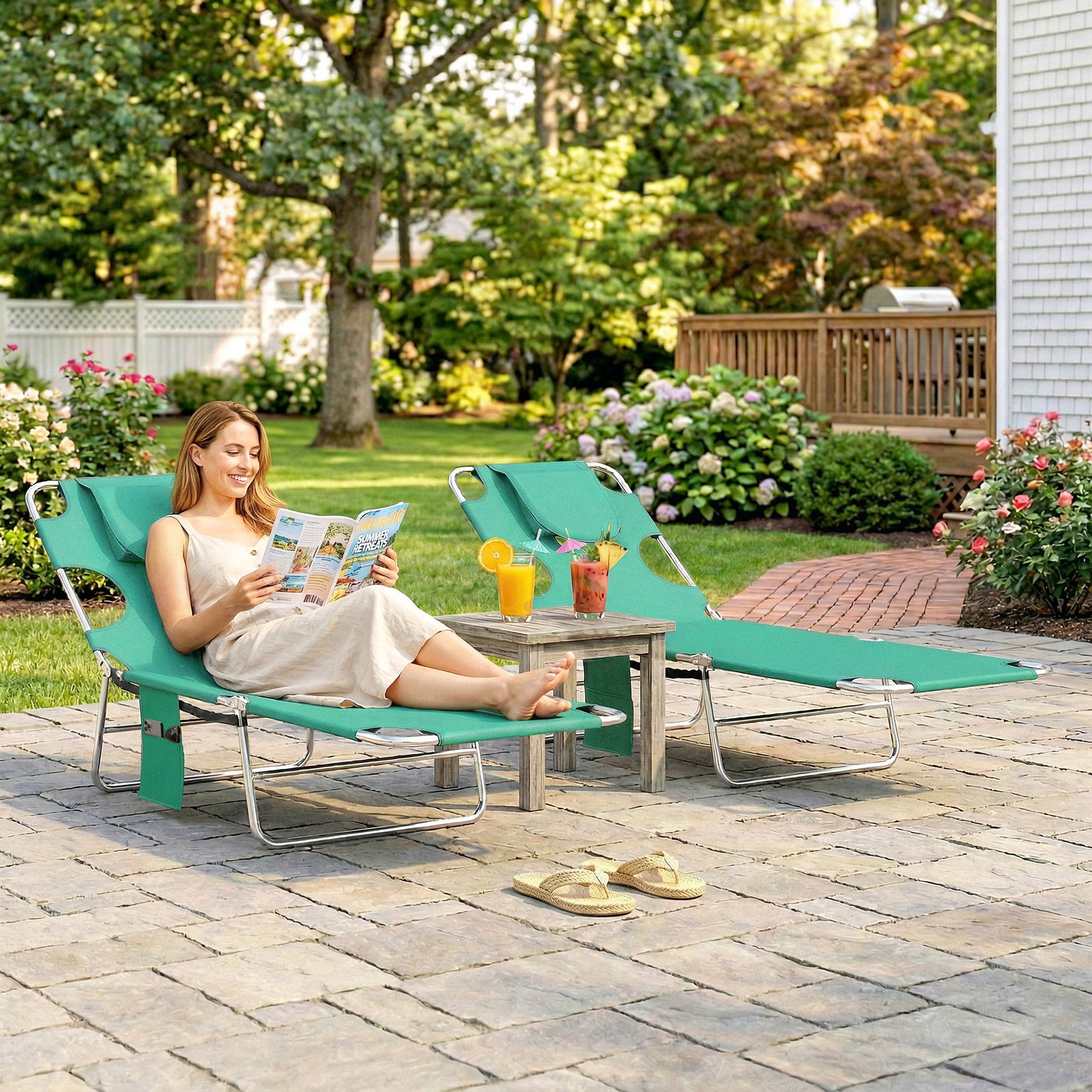 Amalfi 5-Position Adjustable Sun Loungers Set of 2 with Reading Hole and Side Pocket, Green
