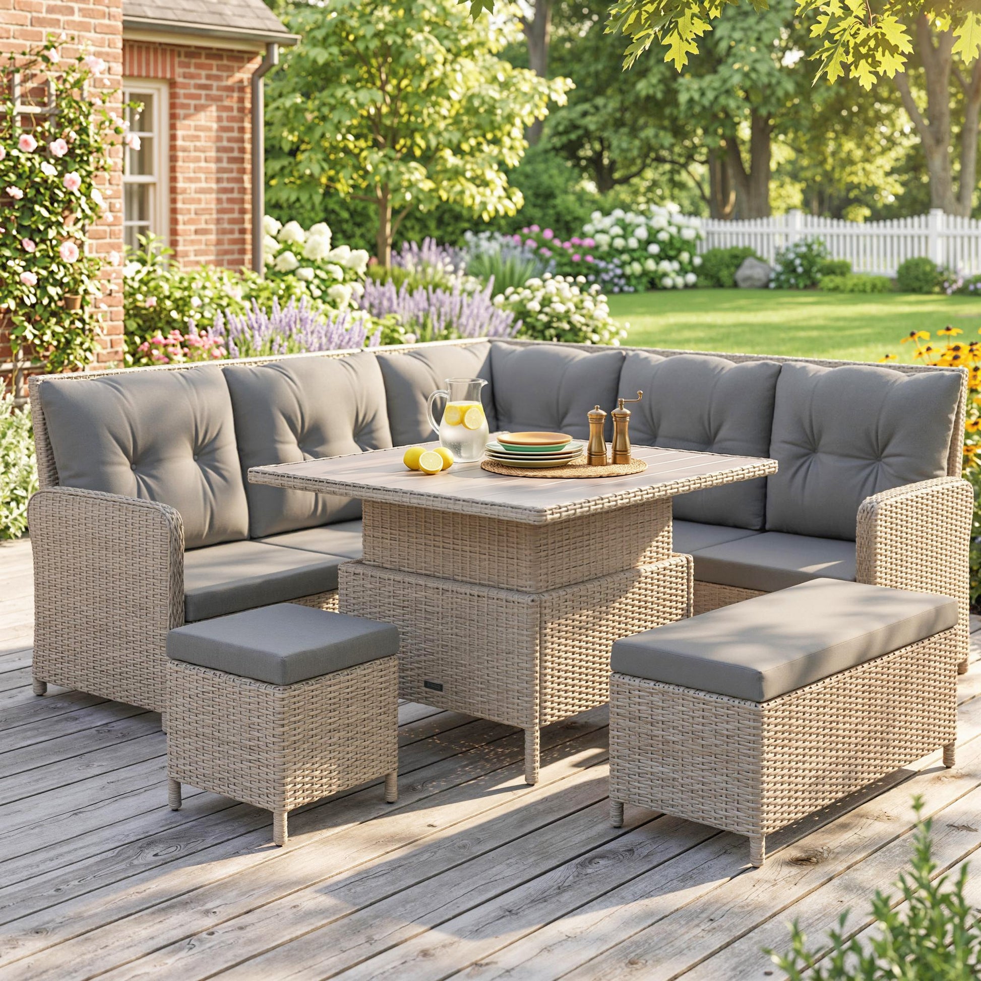 Outsunny 7 Seater Rattan Garden Furniture Set, 6 Piece Patio Dining Set with Liftable Coffee Table and Soft Padded Cushion, Wicker Sectional Conversation Corner Sofa, 123 x 55 x 84 cm, Light Grey