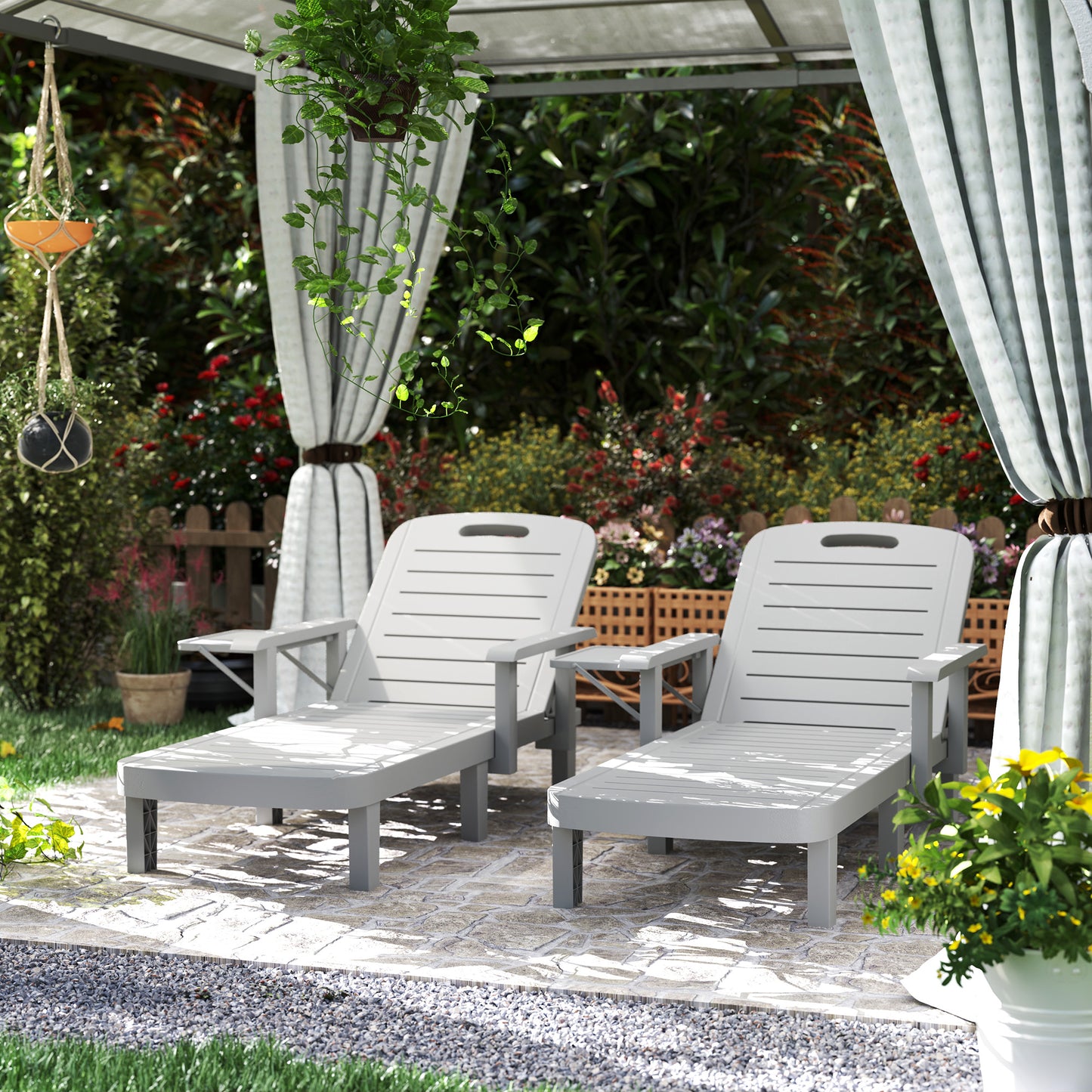 Set of 2 Resin Reclining Sun Loungers for Garden, 5 Positions Adjustable Outdoor Chaise Lounge Chairs with Wood Texture Surface, Armrests,