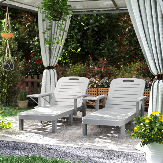 Set of 2 Resin Reclining Sun Loungers for Garden, 5 Positions Adjustable Outdoor Chaise Lounge Chairs with Wood Texture Surface, Armrests,