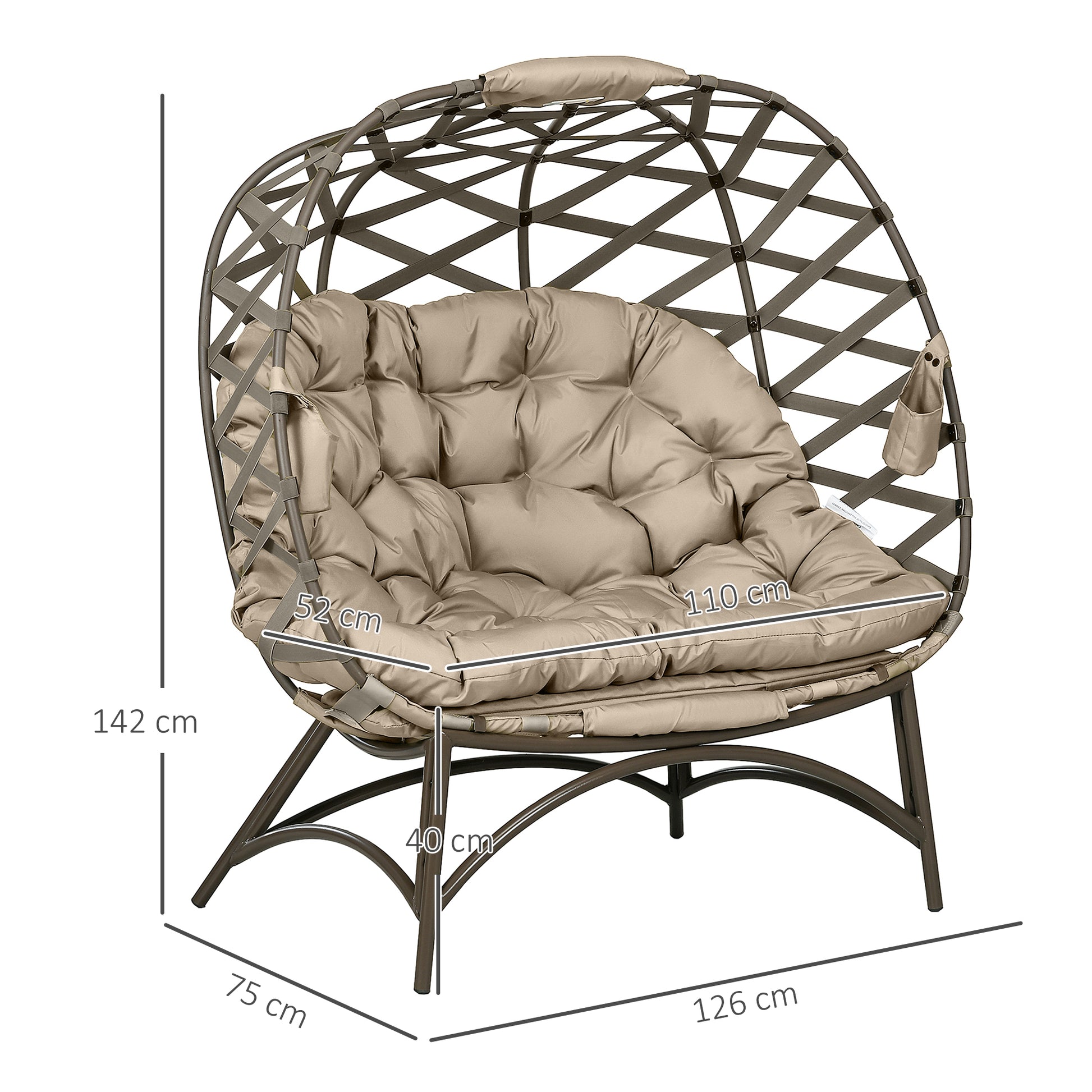 Outsunny 2 Seater Egg Chair Outdoor, Folding Weave Garden Furniture Chair with Cushion, Cup Pockets - Khaki