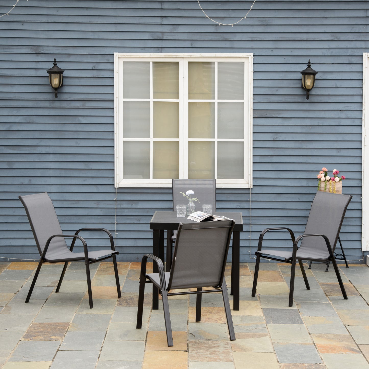 Marbella Set of Four Stackable Mesh Seat Chairs - Dark Grey