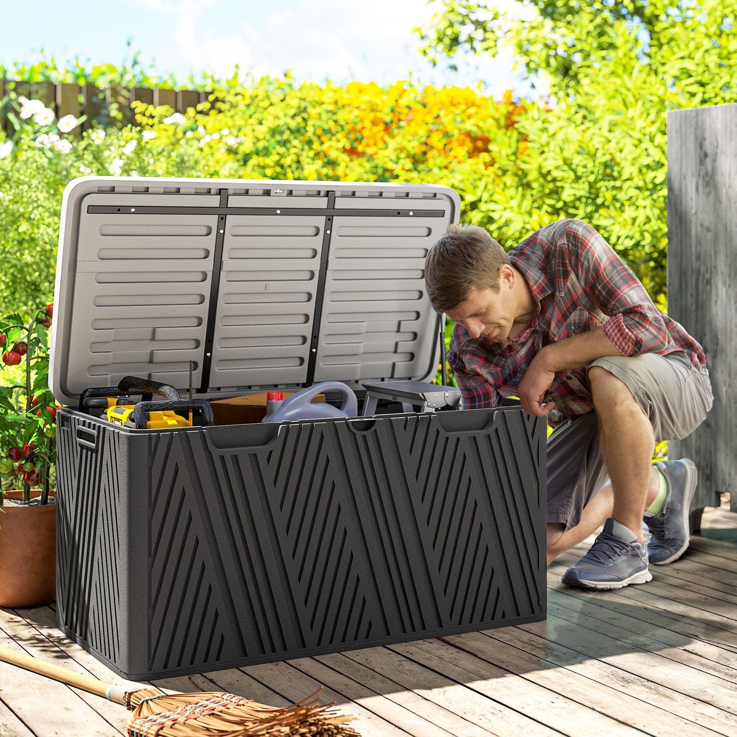 Outsunny - 380L Plastic Garden Storage Box, Lockable, Black, Grey