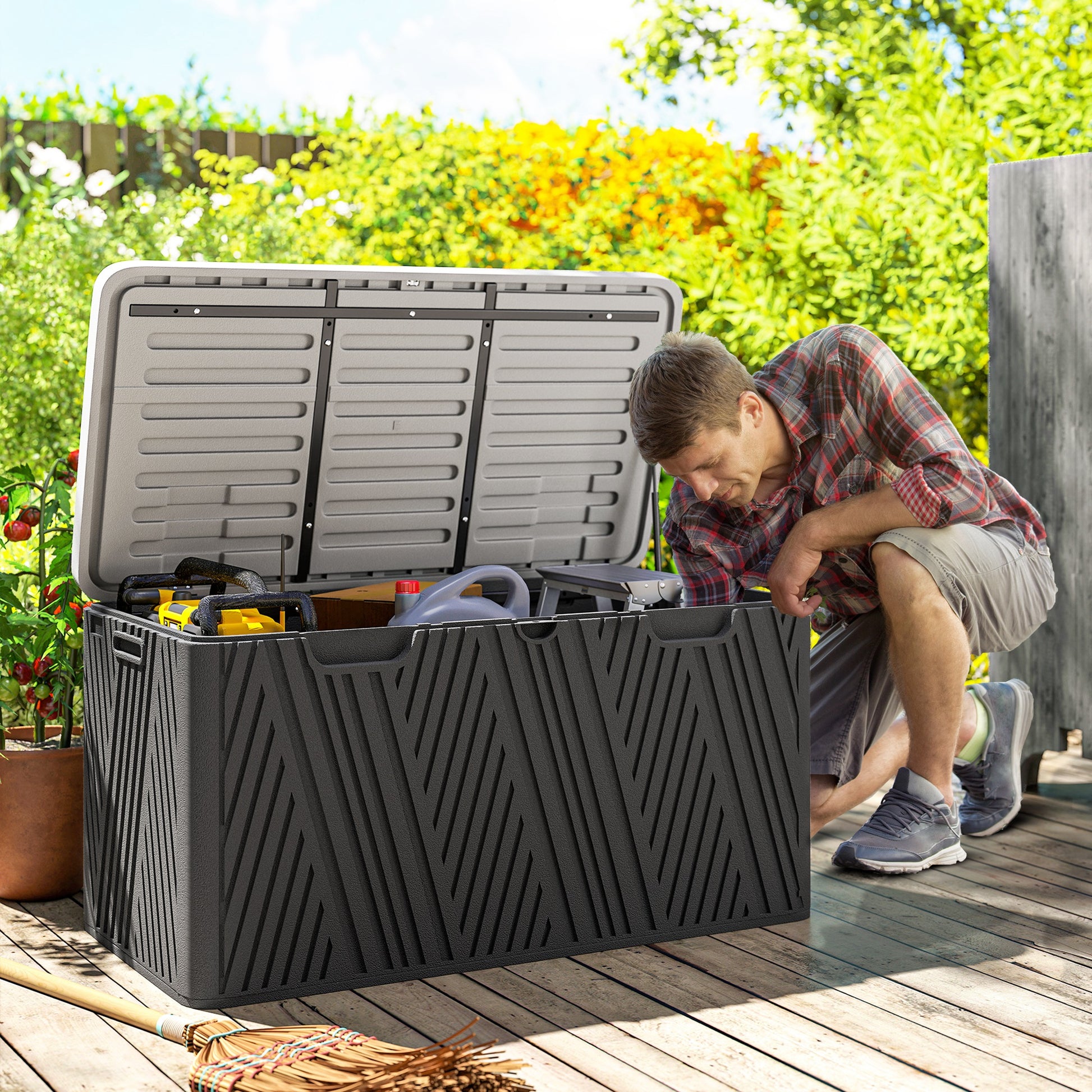 Outsunny - 380L Plastic Garden Storage Box, Lockable, Black, Grey