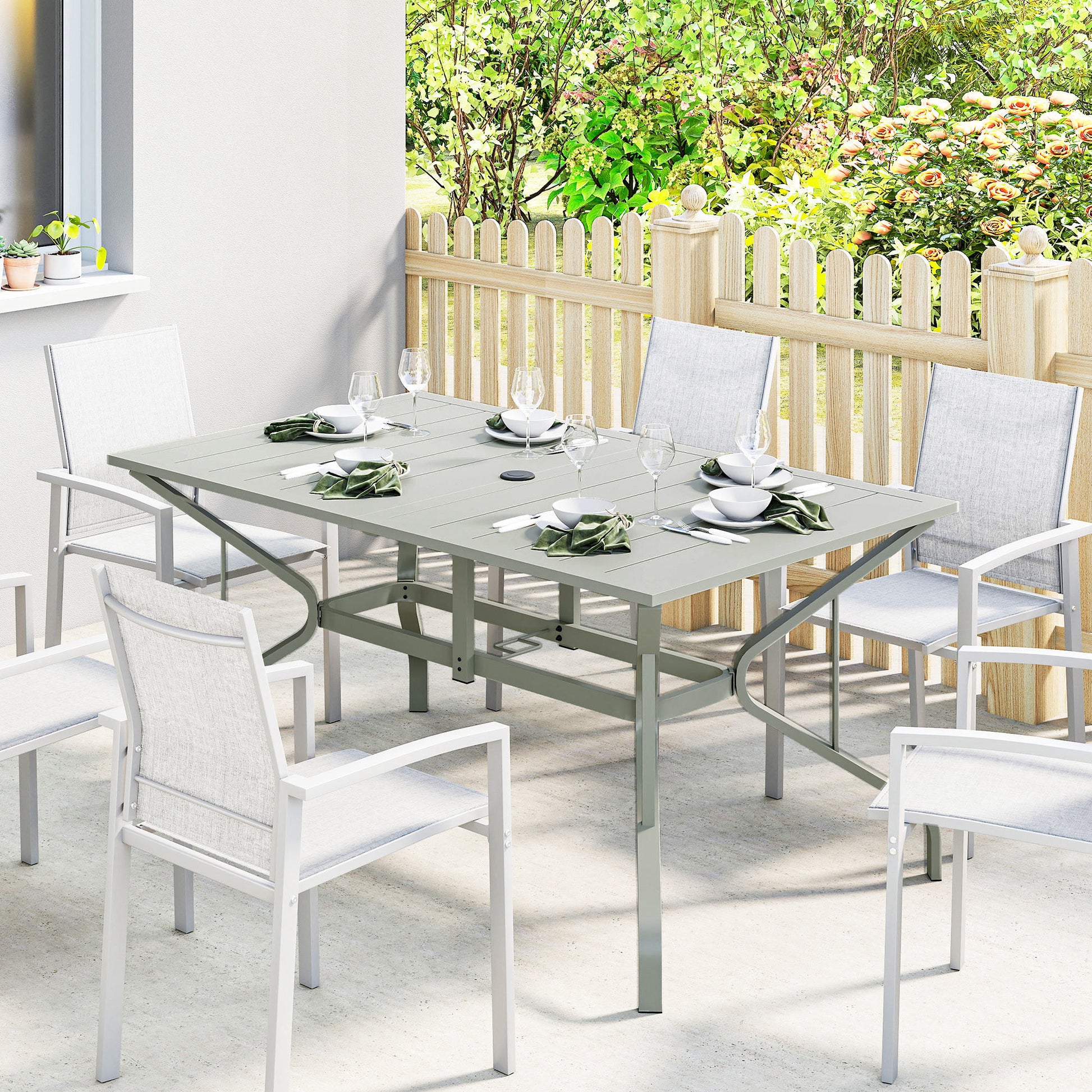 Portofino Rectangle Garden Table with Parasol Hole, Garden Dining Table for 6, Garden Patio Table for Balcony