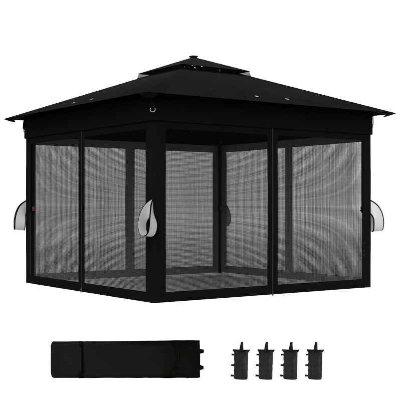 3m x 3m Pop Up Gazebo with Solar LED Lights – Black Outdoor Party Tent with Adjustable Height & Insect Netting