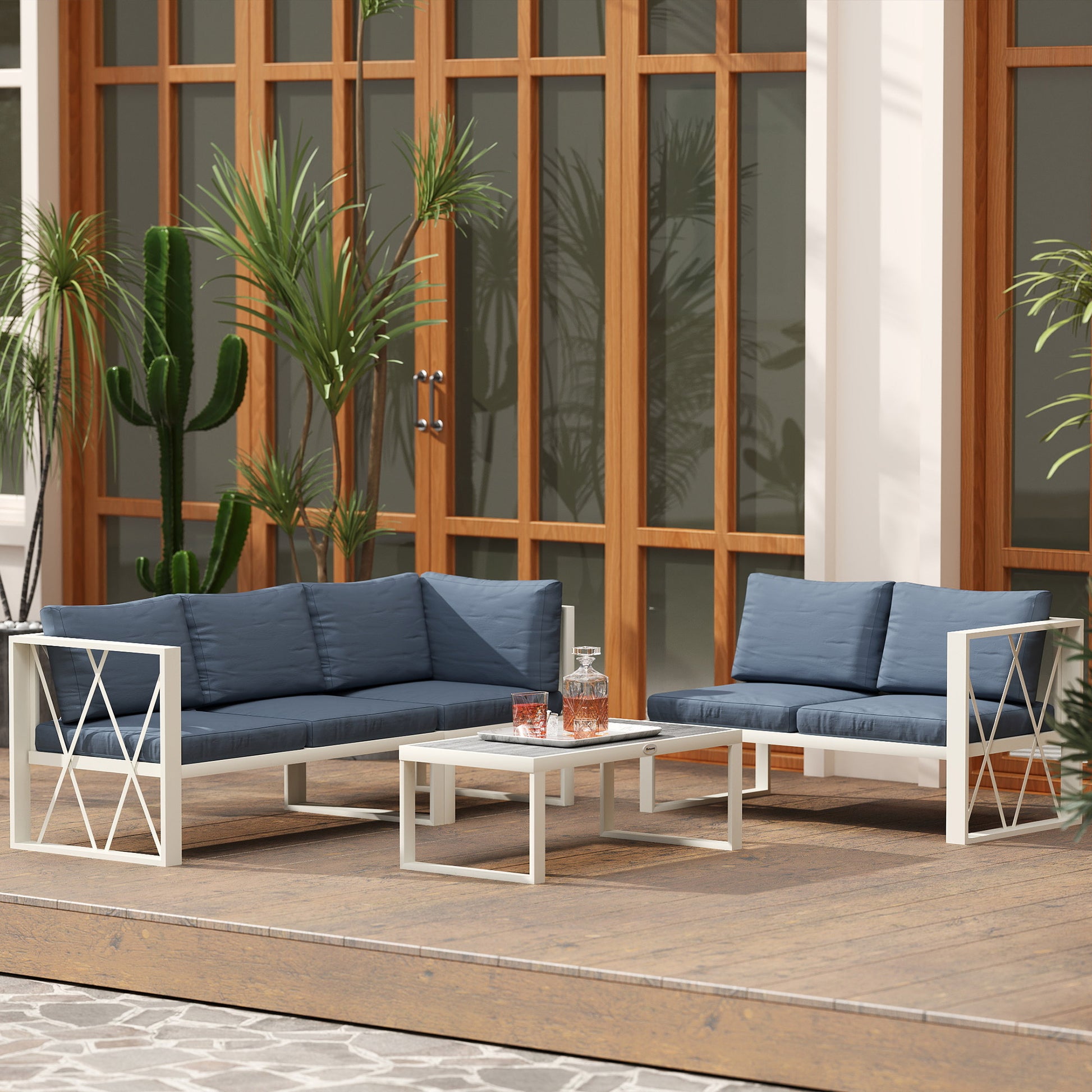 Outsunny Four-Piece L Shaped Garden Furniture Set with 5-Level Adjustable Lounger - Grey