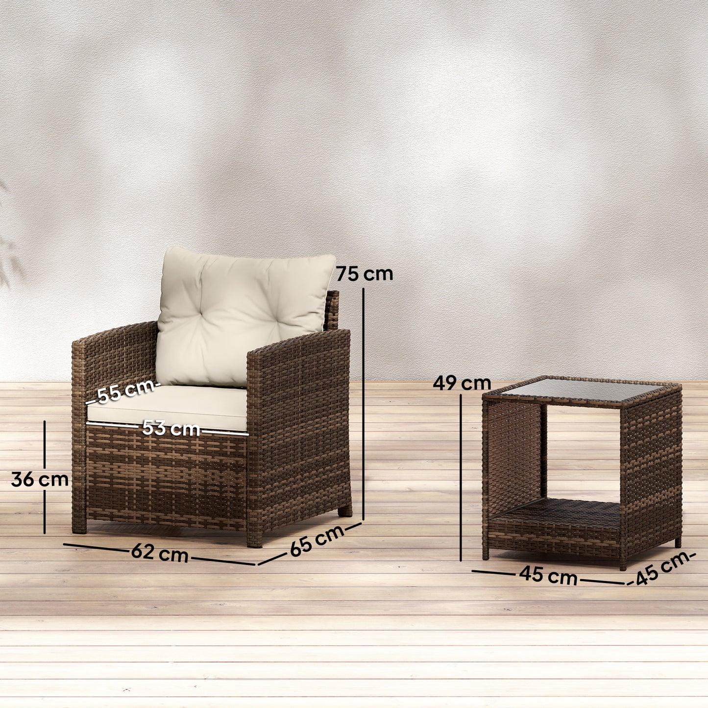Outsunny Rattan Bistro Set, 3 Piece Garden Furniture Set with 2 Tier Glass Top Table, Mixed Brown