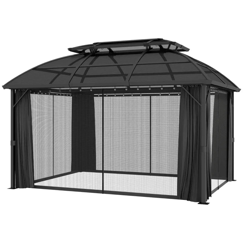 4m x 3m Aluminium Hardtop Gazebo with Polycarbonate Roof, Privacy Curtains & Mesh Sidewalls – Black & Grey