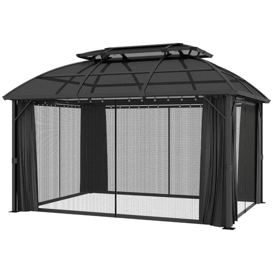 4m x 3m Aluminium Hardtop Gazebo with Polycarbonate Roof, Privacy Curtains & Mesh Sidewalls – Black & Grey