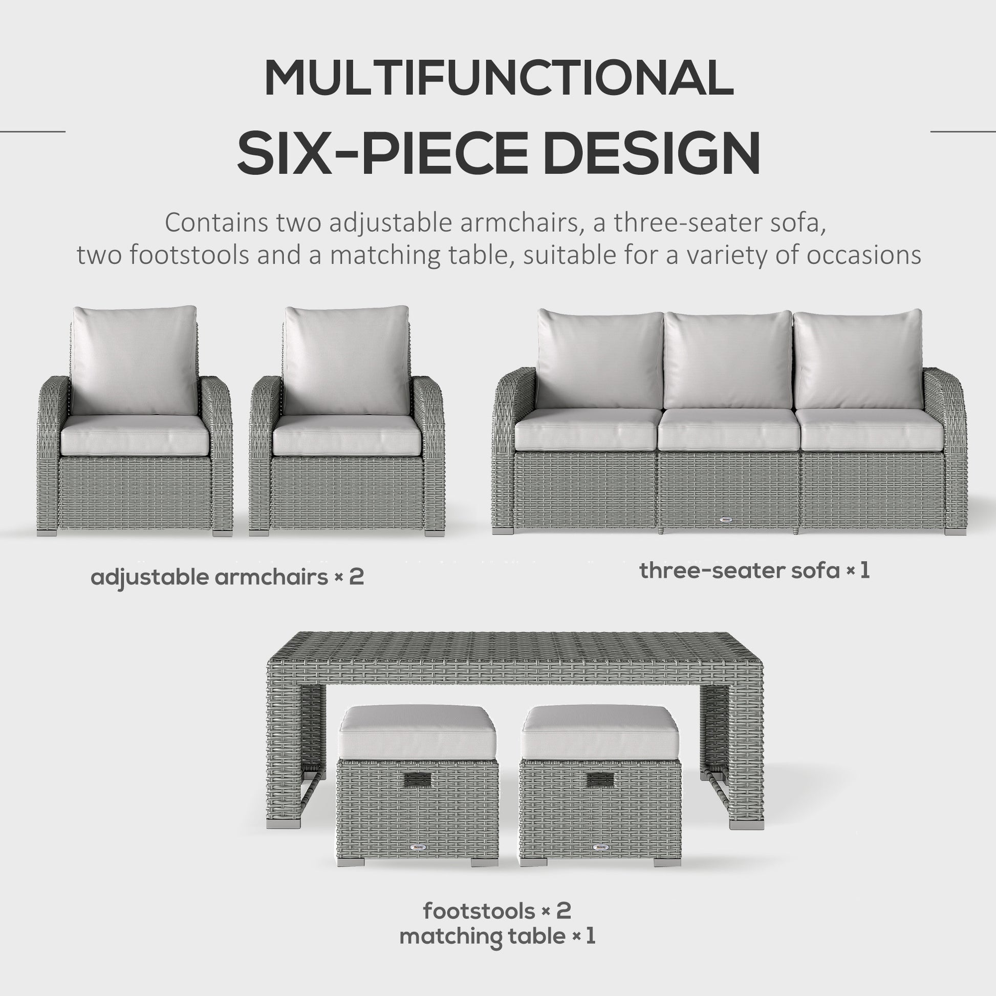 Outsunny Six-piece Outdoor Rattan Dining Set, Outdoor Sofa Set with Reclining Armchairs and Mental Frame, Grey
