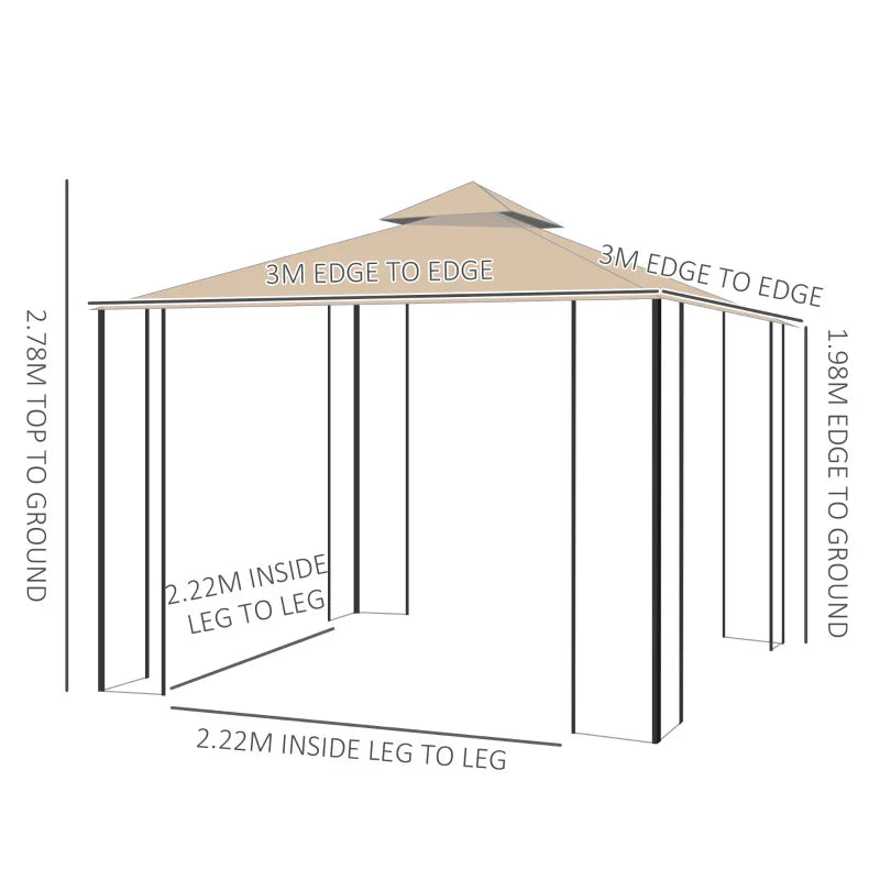 Beige 3m x 3m Hardtop Gazebo – Double Tier Roof Garden Shelter with Net Curtains and Storage Trays