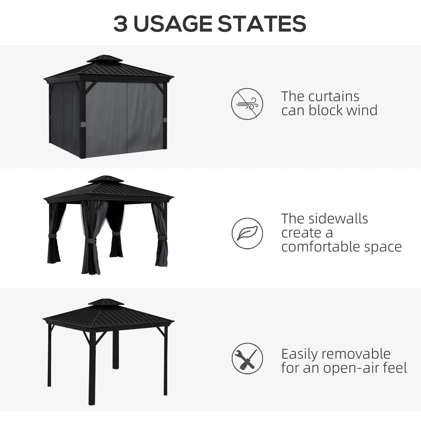 3.65m x 3m Dark Grey Aluminium Hardtop Garden Gazebo – Galvanised Steel Roof Pavilion with Double – Tier Ventilation, Curtains & Insect Netting