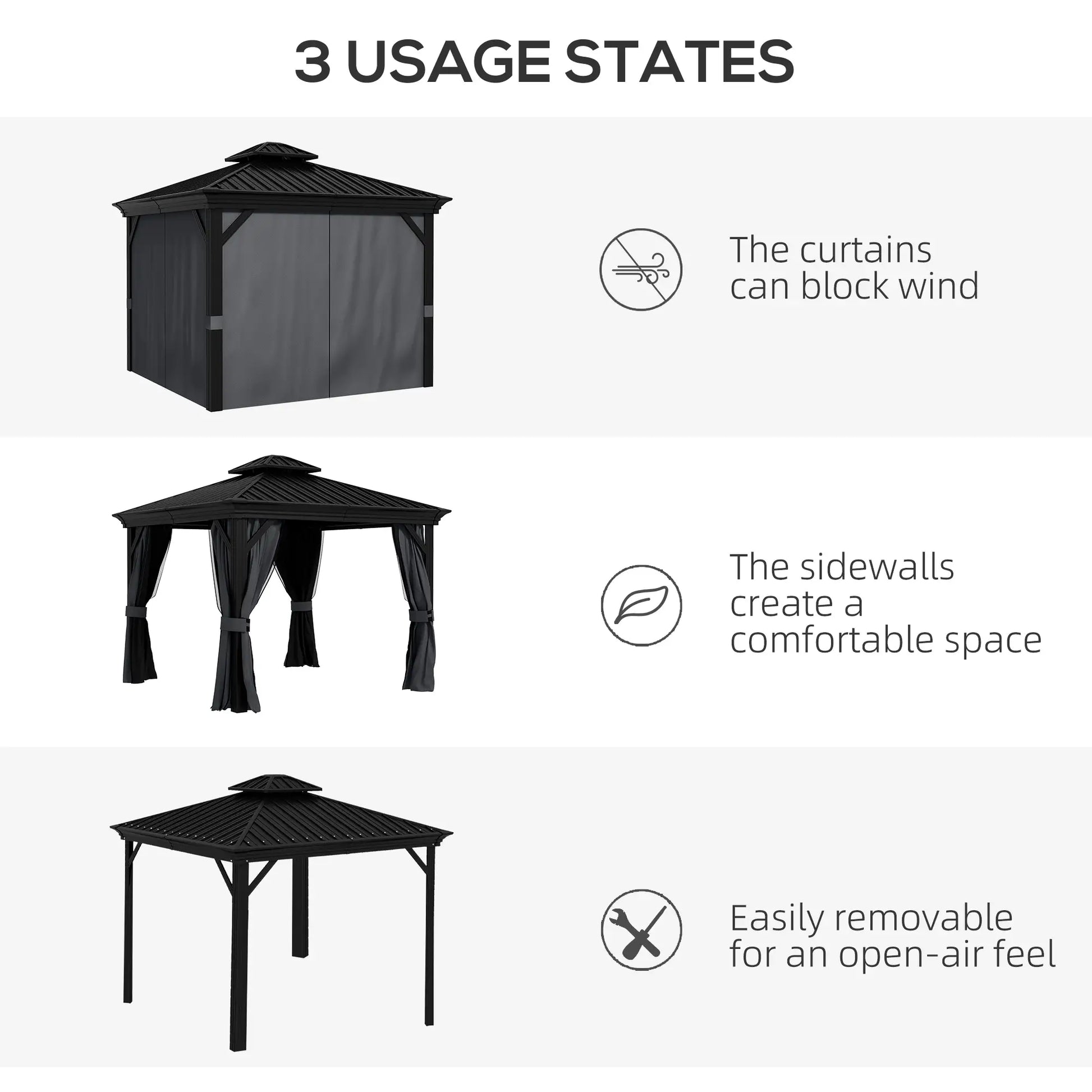 3.65m x 3m Dark Grey Aluminium Hardtop Garden Gazebo – Galvanised Steel Roof Pavilion with Double – Tier Ventilation, Curtains & Insect Netting