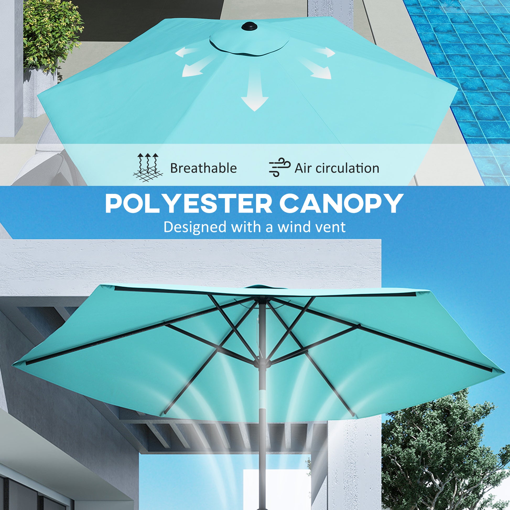 Outsunny 2.6 m Garden Parasol Umbrella with Aluminium Pole, Outdoor Patio Umbrella with Tilt and Crank, Vent, Turquoise