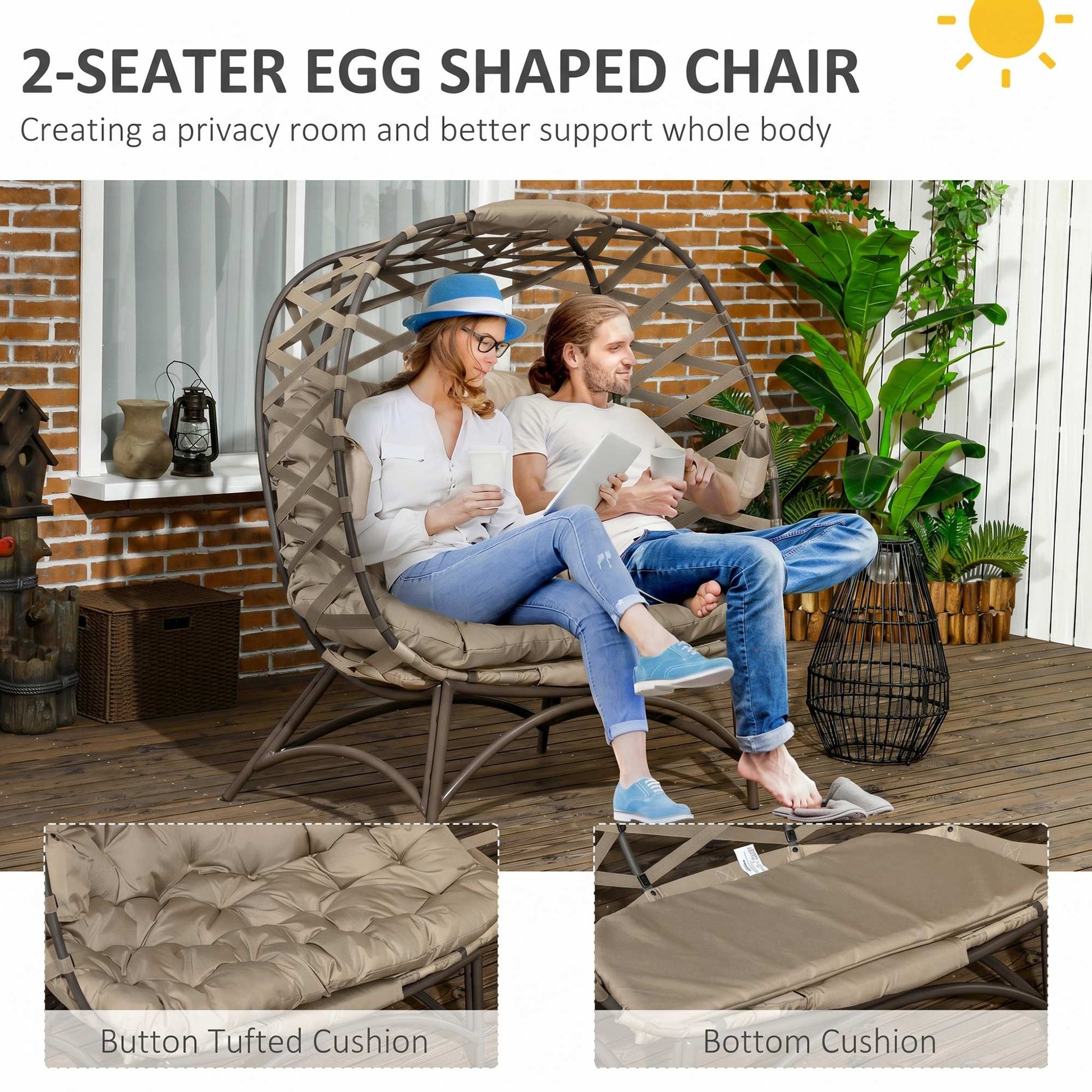 Outsunny 2 Seater Egg Chair Outdoor, Folding Weave Garden Furniture Chair with Cushion, Cup Pockets - Khaki