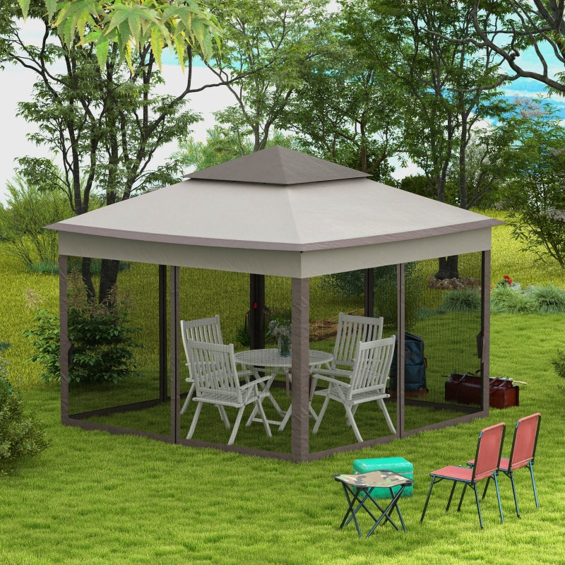 3.25m x 3.25m Brown & Grey Pop – Up Garden Gazebo – Double Tier Roof Metal Frame Pavilion with Mesh Curtains, Carry Bag & Outdoor Event Shelter