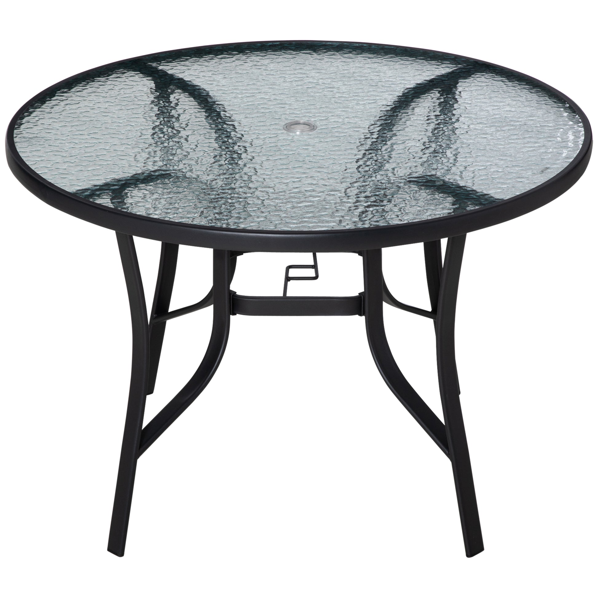 Outsunny 106cm Round Garden Dining Table with Parasol Hole, Tempered Glass Top, Steel Frame