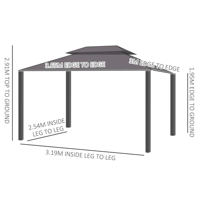 3.65m x 3m Aluminium Hardtop Gazebo - Brown Double Roof Patio Shelter with Privacy Curtains