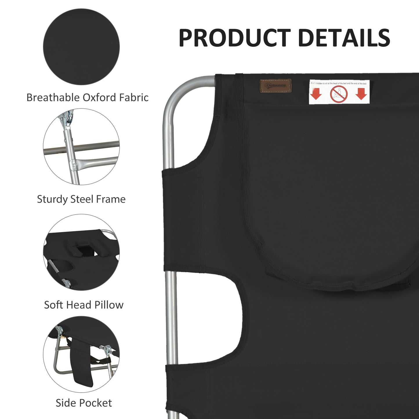Outsunny Foldable Sun Lounger, Beach Chaise Lounge with Reading Hole, Arm Slots, 5-Position Adjustable Backrest, Side Pocket, Pillow for Garden, Beach, Camping, Black