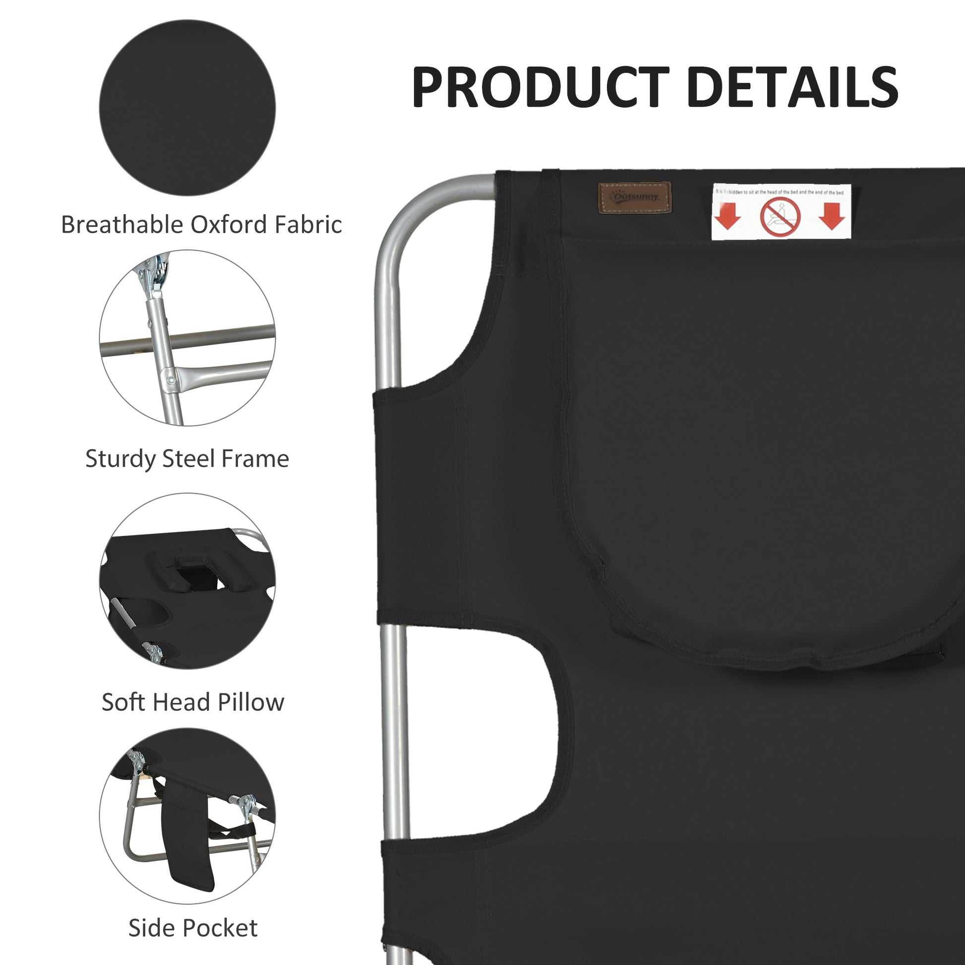 Outsunny Foldable Sun Lounger, Beach Chaise Lounge with Reading Hole, Arm Slots, 5-Position Adjustable Backrest, Side Pocket, Pillow for Garden, Beach, Camping, Black