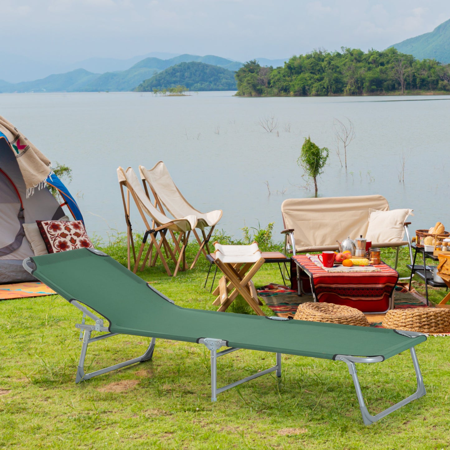 Reclining Sun Lounger Chair Folding Camping Bed with 4-Position Adjustable Backrest, for Travel Indoor Outdoor Office Fishing, Green