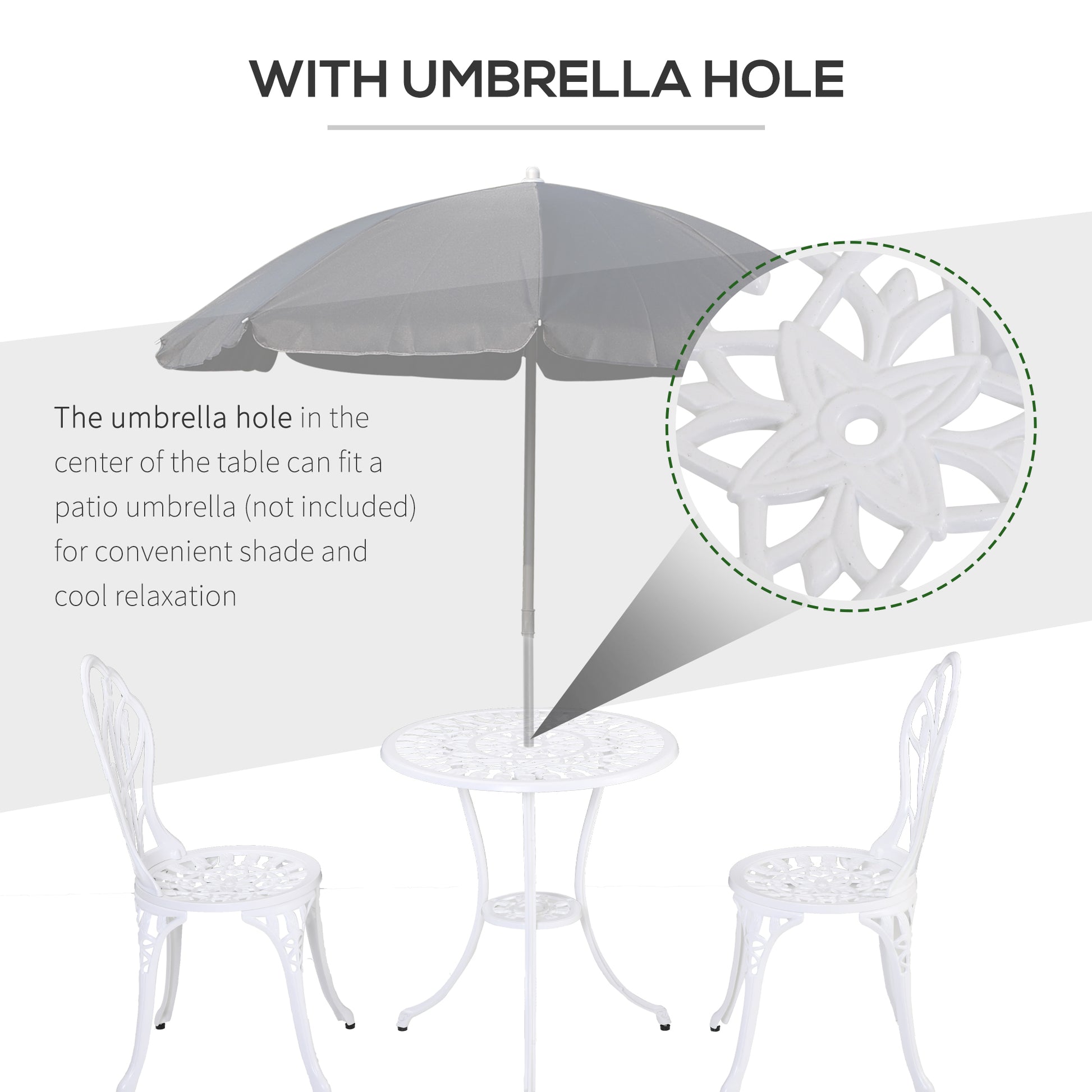 Outsunny 3 Piece Patio Bistro Set for 2, Outdoor Aluminium Garden Table and Chairs with Umbrella Hole for Balcony, White