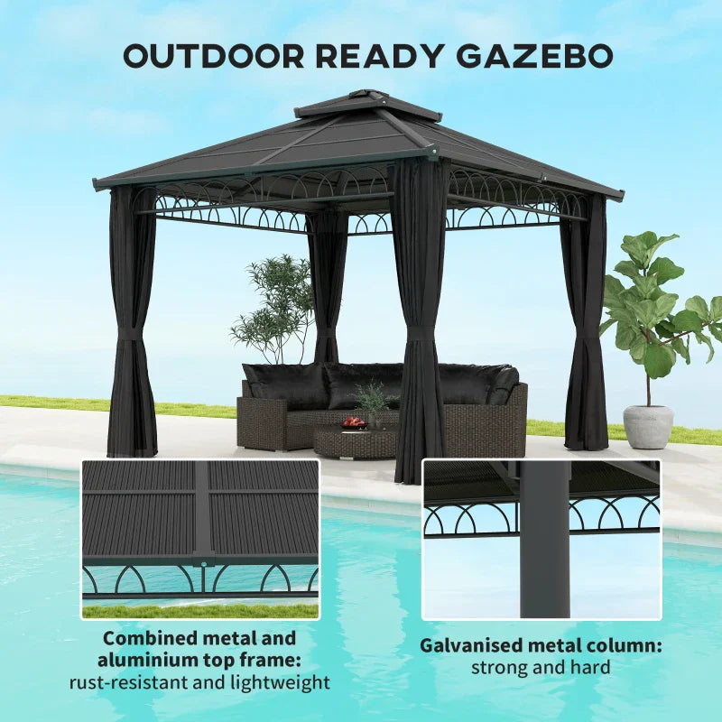3m x 3m Dark Grey Hardtop Garden Gazebo with Polycarbonate Double Roof, Steel Frame, Privacy Curtains & Insect Netting Outdoor Pavilion