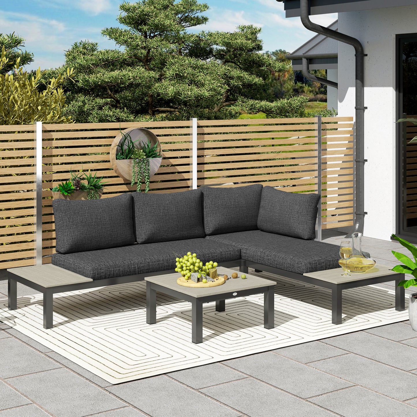 Riviera 3 Piece Garden Furniture Set, Aluminium 4 Seater Corner Sofa Set with 2 Loveseats