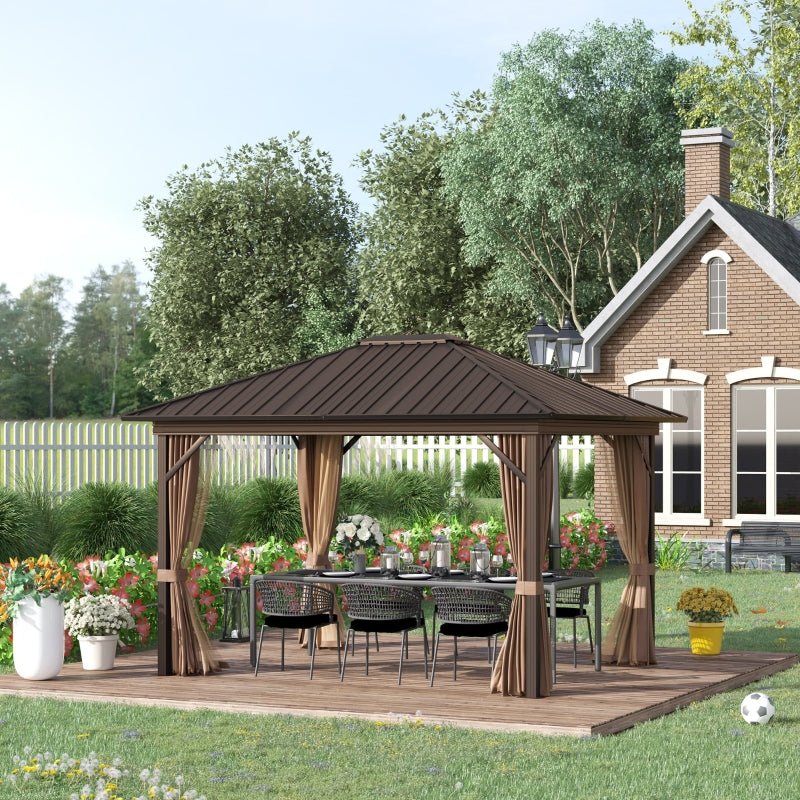 3.6m Aluminium Hardtop Gazebo - Metal Roof Garden Pavilion with Curtains and Net Sides