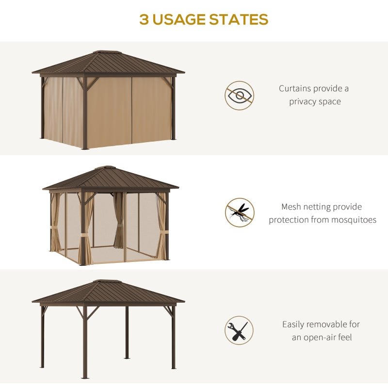 3.6m Aluminium Hardtop Gazebo - Metal Roof Garden Pavilion with Curtains and Net Sides