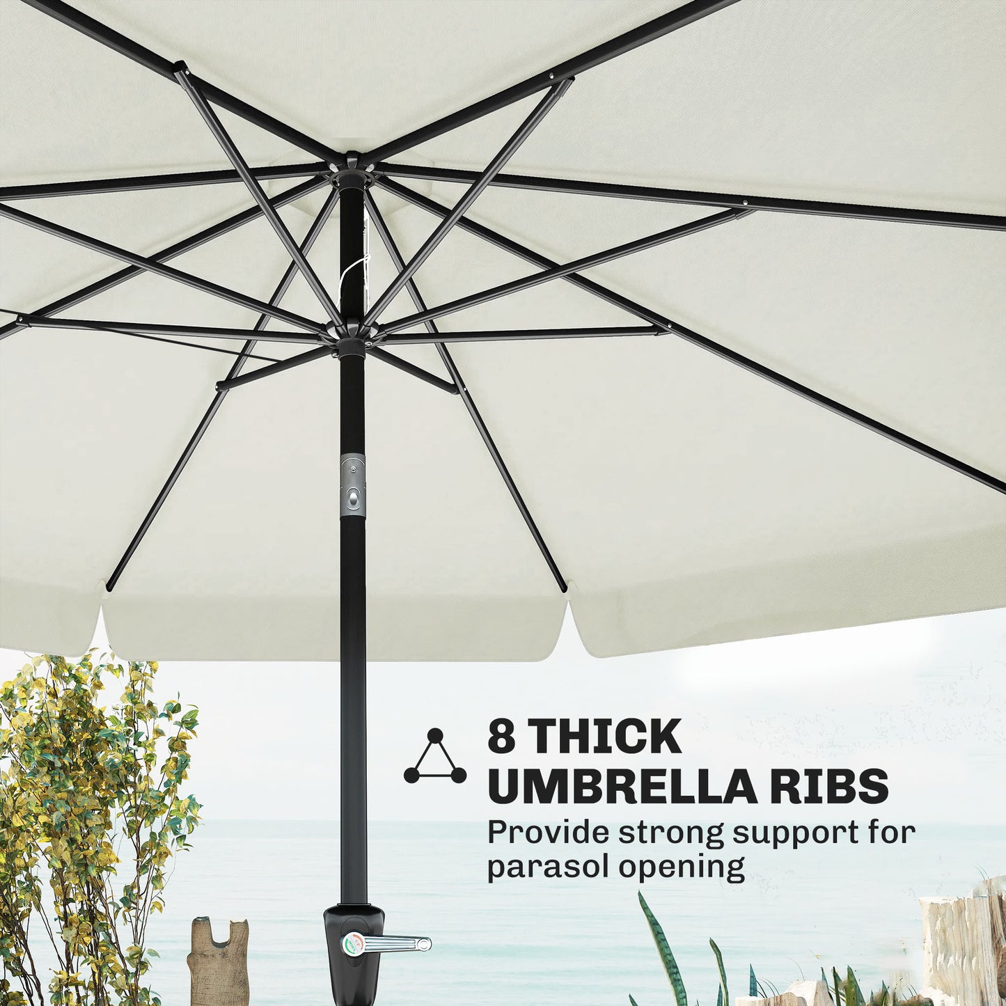 Outsunny 2.7m Patio Parasol Garden Umbrellas with Aluminium Pole, UPF 50+ Outdoor Sun Shade Table Umbrella with Tilt, Crank, 8 Ribs, Ruffles, White