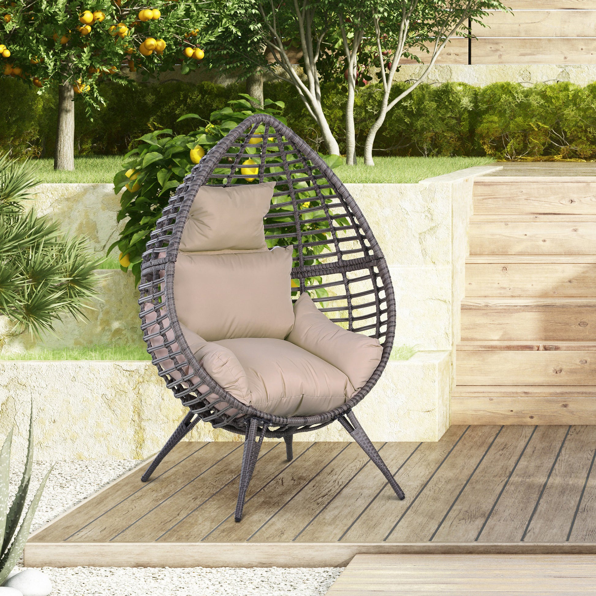 Monaco Garden Egg Chair, Teardrop Outdoor PE Rattan Chair with Full-body Soft Padded Cushion, Grey